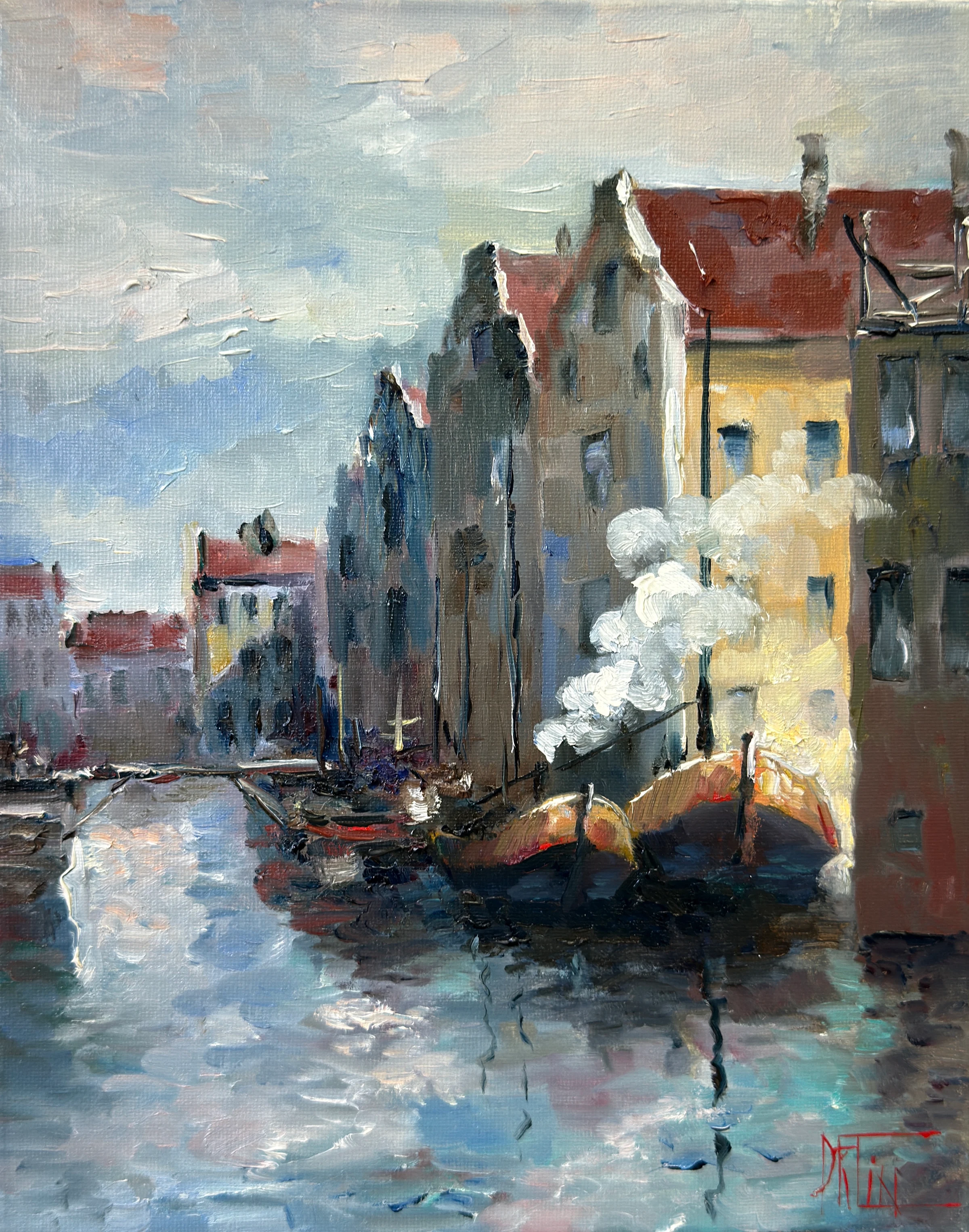 ville sur la rivière – peinture à l'huile de Pavel Filin